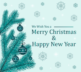 Blue background with illustration of fir trees and snowflakes. Text Merry Christmas and happy new year. Christmas concept.