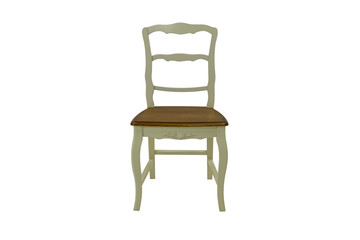 Wooden chair with a beige back with a dark seat on a white background. Front view.