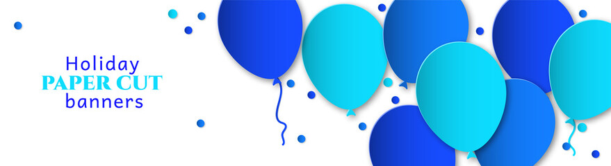 Horizontal banner for congratulations. Blue flying balls on a white background. Design in the style of paper cut, art for birthday, wedding.