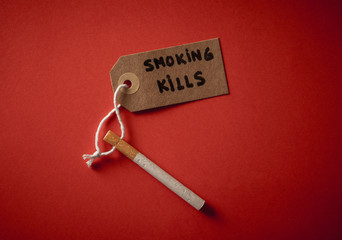 Cigarette isolated on red background with text Smoking kills on tag