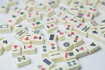Pile of Mahjong ancient asian game on the white background 