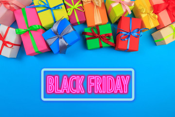 Different colored gift box on color background. Top view of various present boxes on minimal background. Birthday, Christmas, wedding, valentine, romantic gifts - Image