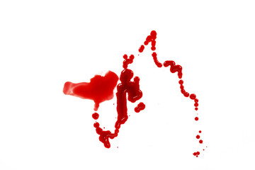 closeup drops of red blood isolated on white, abstract background