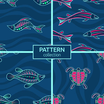 Set of four seamless fashion colorful fish and turtle patterns. Australian art. Aboriginal painting style, aboriginal ornament.