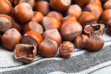 close up of hazelnuts on table .