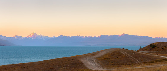 Picture panorama view point of twilight at lake pukaki with mount cook mountain in South island new zealand