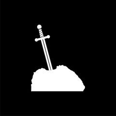 Sword in stone silhouette icon isolated on black background