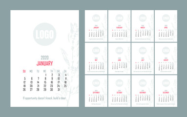 Calendar design for 2020 in minimal simple floral style. Set of 12 calendar pages vector design print template.