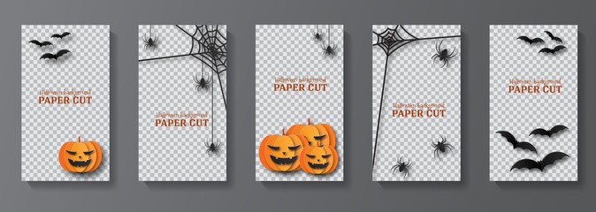 Templates for social media stories. Halloween Blanks in the style of paper cut. Five designs.