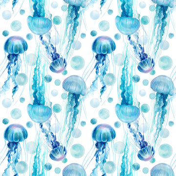beautiful watercolor illustration, jellyfish and bubbles, seamless pattern
