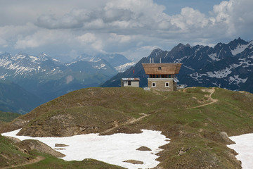 Corno Gries, Wallis/ Switzerland- July  3 2019: The newly renovated Alpine hut Corno Gries is located in the south of Switzerland on the border with Italy