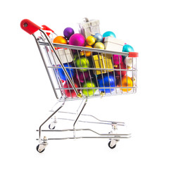 cart or shopping trolley full of christmas decoration
