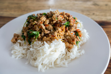 Rice topped with stir-fried pork and basil in a white dish. (Front focus)