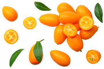 Cumquat or kumquat with leaves isolated on white background. top view - obrazy, fototapety, plakaty
