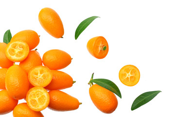 Cumquat or kumquat with leaves isolated on white background. top view