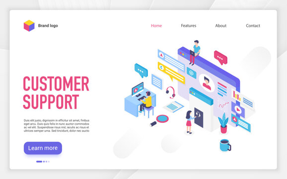 Customer support landing page vector template. Call center, helpline, hotline website homepage interface layout with isometric illustration. Telemarketing business web banner, webpage 3D concept