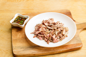 Grilled beef on white plate and space for text input.