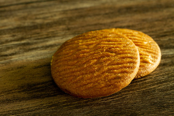 cookies on dark old wooden table with place for text., freshly baked. Selective Focus with Copy space.