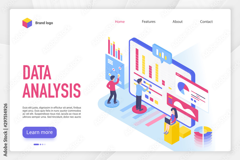 Aufkleber Data analysis landing page vector template. Analytical company website homepage interface layout with isometric illustration. Professional business research service web banner, webpage 3D concept