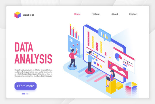 Data analysis landing page vector template. Analytical company website homepage interface layout with isometric illustration. Professional business research service web banner, webpage 3D concept