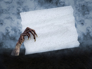 3D rendering of monster hand holding blank white sign.