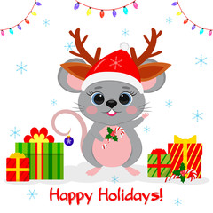 Naklejka premium Happy New Year and Merry Christmas. Cute mouse, rat in a Santa hat and deer horns, holds a lollipop. Year of the Rat 2020. Cartoon, flat style, vector
