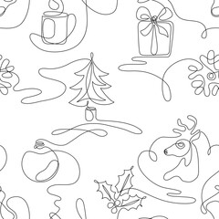 One line drawing Christmas seamless pattern with fir, gift box, reindeer, berries, cup of hot beverage, stocking, ball decoration, snowflake. Continuous line art minimalist winter background. Vector - 297517194