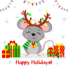 Happy New Year and Merry Christmas. Cute mouse, a rat in a deer horns with a garland and a scarf, holds a box with a gift. Year of the Rat 2020. Cartoon, flat style, vector