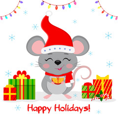 Happy New Year and Merry Christmas. Cute mouse, rat with eyes closed in a hat and a Santa scarf, holds a piece of cheese with a ribbon. Year of the Rat 2020. Cartoon, flat style, vector