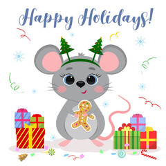 Happy New Year and Merry Christmas. Cute mouse, a rat with blue eyes in a rim with Christmas trees holds a ginger man's cookie. Year of the Rat 2020. Cartoon, flat style, vector