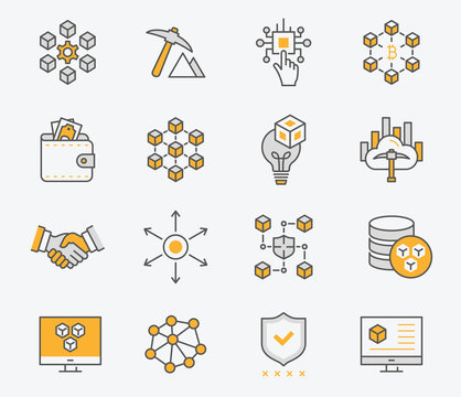 Set of blockchain technology icons. Editable stroke.