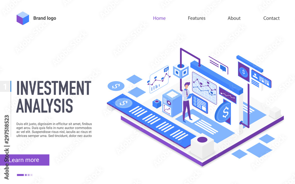Aufkleber Investment analysis landing page vector template. Business analytics, stock market trading website homepage UI layout with isometric illustration. Financial advisor service web banner 3D concept