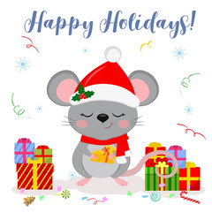 Happy New Year and Merry Christmas. Cute mouse, rat with eyes closed in a hat and a Santa scarf, holds a piece of cheese with a ribbon. Year of the Rat 2020. Cartoon, flat style, vector