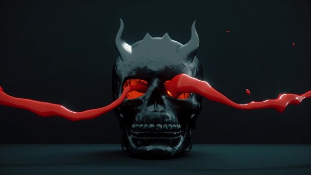 Black skull with horns and liquid blood flying through the eyes. Scary Halloween Scene. 3d render of blood and skull. 