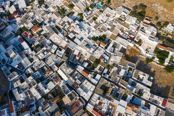 Aerial view of old Lindos town with its traditional white washed houses, in Rhodes island, Greece