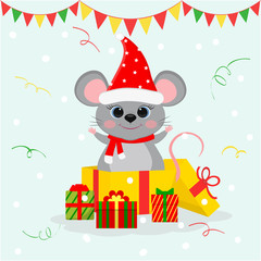 Happy New Year and Merry Christmas. A cute mouse, a rat in a Santa Claus hat and scarf, stands in a gift box and holds his paws up. Year of the rat. Cartoon, flat style, vector