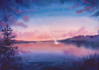 Watercolor falling star and lake landscape. Hand painted natural art.