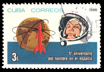 A postage stamp printed in Cuba dedicated to the five-year date of the world's first manned space flight - Soviet cosmonaut Yuri Gagarin.