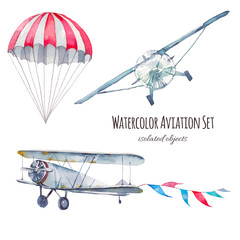 Watercolor aviation set. Hand painted vintage airplanes, flags garland and parachute isolated on white background. Collection of retro transportation and skydiving