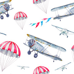 Watercolor cartoon air plane seamless pattern. Hand painted texture with vintage flying transportation, flags garland and parachute on white background. Repeating festive skydiving wallpaper design