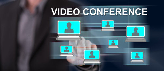 Man touching a video conference concept