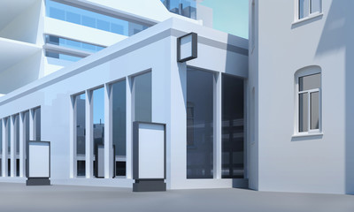 Blank street billboard. Signboard on office building. Poster stand mockup in downtown. Skyscrapers on background. Shop exterior with blank banners on windows. City business district -3d illustration.