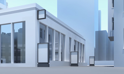 Fototapeta premium Blank street billboard. Signboard on office building. Poster stand mockup in downtown. Skyscrapers on background. Shop exterior with blank banners on windows. City business district -3d illustration.