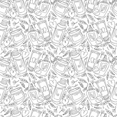 Seamless pattern natural herbal organic cosmetic. Hand drawn background: cream, tube, spray, herbs, leaves, berries. Black and white continuous line, art line. Concept of plant eco cosmetics