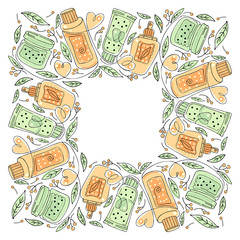 Decorative frame natural herbal organic cosmetic. Hand drawn colored banner: cream, tube, spray, herbs, leaves, berries. Black and white art line. Concept of plant cosmetics