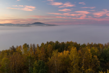 Fototapeta na wymiar Aerial view to autumn foliage trees with misty fog and hill in sunrise, Czech landscape