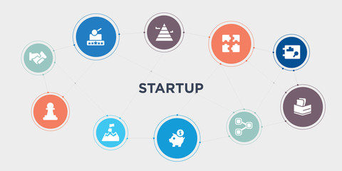 startup 10 points circle design. partnership, pawn, peak, piggybank round concept icons..