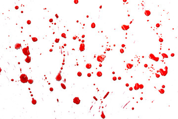 closeup drops of red blood isolated on white background,abstract pattern