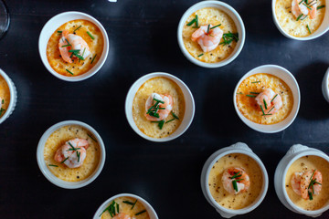 Shrimp bowl dishes with cream omlette and foam table top