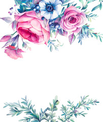 Watercolor invitation design with bouquet of flowers. Hand painted floral compositions isolated on white background. Vintage style branches of eucalyptus, peony, roses, anemone, berries, leaves.